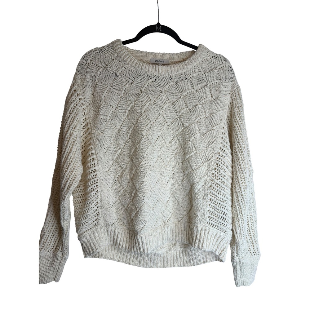 Madewell Womens Large Cream Basketweave Open Knit Crewneck Sweater Ivory